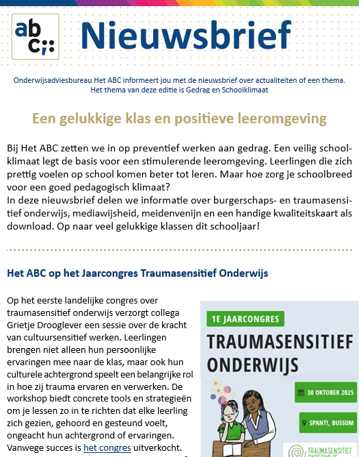 nieuwsbrief, gedrag, schoolklimaat, meidenvenijn, burgerschap, traumasensitief, kwaliteitskaart